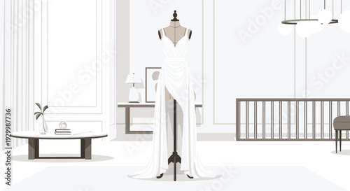 A white sleeveless wedding dress with a high leg slit is presented on a black dress form in a luxury interior with a marble coffee table.
