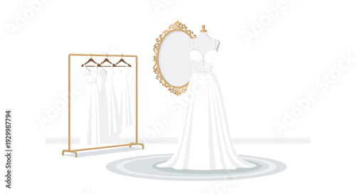 A white lace wedding dress is displayed on a mannequin in front of a large gold oval mirror and a garment rack filled with white gowns.