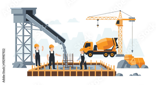 Three construction workers stand around a wooden foundation frame as a large grey conveyor belt pours liquid concrete into the structure.