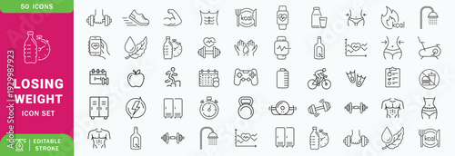 Weight loss icon set. Containing diet, manage weight, calories, healthy eating, cardio, fat burning, meal planning, body measurement and exercise icons. Solid icon collection. Vector illustration