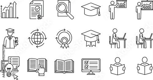 Education icons, learning symbols, academic achievement graphics, graduation cap illustration, study design set, research knowledge art, teaching global exchange