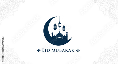 Eid Mubarak greeting, crescent moon mosque, Islamic festive lanterns, traditional celebration design, cultural holiday artwork, elegant floral pattern, religious festival illustration