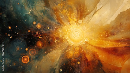 Abstract floral burst with bright yellow core and flowing textures background art