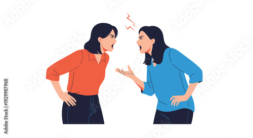 Two women in orange and blue shirts shout at each other with aggressive hand gestures and angry facial expressions with a red lightning bolt.