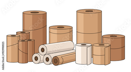 A diverse collection of brown and white industrial paper rolls of various sizes and heights arranged against a white background.