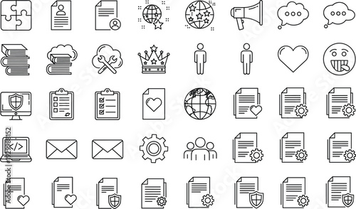 Mega Set of Professional Line Icons Featuring Business Documents User Profiles Global Networking Cloud Security Technical Support Communication and Team Collaboration