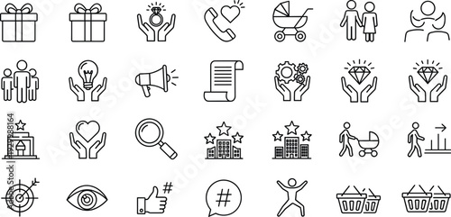 Mega Set of Thin Line Icons Featuring Gift Boxes Wedding Rings Family Support Baby Strollers Hotels Diamonds and Social Media Engagement