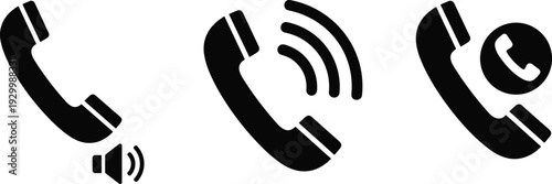 Set of Three Black Telephone Handset Icons Featuring Speaker Volume Waves and Contact Symbols for Customer Service Support and Telecommunication Communication