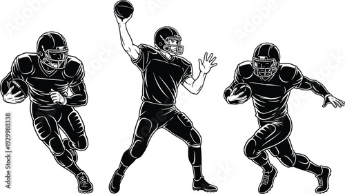 Set of Three American Football Player Vector Illustrations in Black Silhouette for Sports Branding Athletic Tournament Design and Competitive Team Marketing