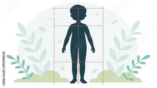 Silhouette of a child framed by a grid and surrounded by stylized plants and soft background shapes, representing growth, development, or education.