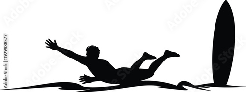 Dynamic black silhouette vector illustration of surfer falling off surfboard with stylized waves, depicting wipeout moment, ocean sport action, minimal design, high resolution artwork.