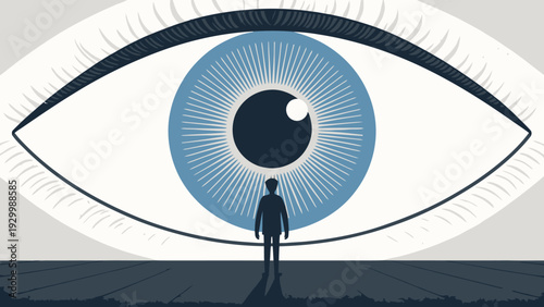 Man standing before a colossal eye with blue iris, conveying themes of being observed, perception, or societal scrutiny in a stark, graphic, and atmospheric artwork.