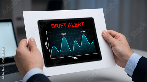 Wallpaper Mural Professional hands holding a digital display of a data drift alert graph showing value peaks over ti Torontodigital.ca