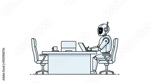 A minimalist line art illustration featuring a humanoid robot sitting at a modern office desk and typing on a laptop computer against a plain white background.