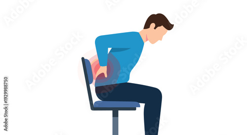 A side view illustration of a man in a blue shirt and dark trousers sitting on an office chair while experiencing intense lower back pain indicated by a red glow.