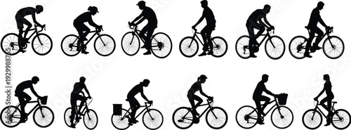 Bicycle rider silhouettes collection, men and women cycling in sport and city commute poses, black vector illustration isolated on white background
