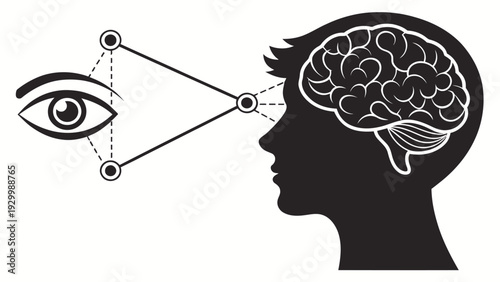 Conceptual illustration of human perception, showing an eye directing a gaze towards a brain with a network of connections.