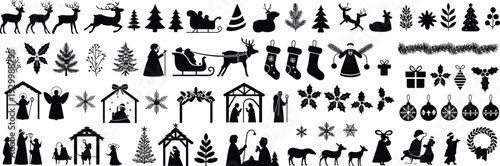 ector silhouettes of Christmas and Nativity icons, including reindeer, trees, sleigh, angels, snowflakes, holly, gifts, ornaments, and festive religious figures