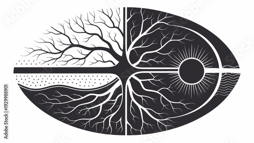 Split oval design representing nature's dualities: a branching tree on one side against sun and water, and roots on the other.