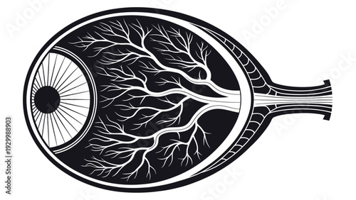 Abstract stylized human eye cross-section revealing a branching neural network structure, symbolizing vision and connectivity.
