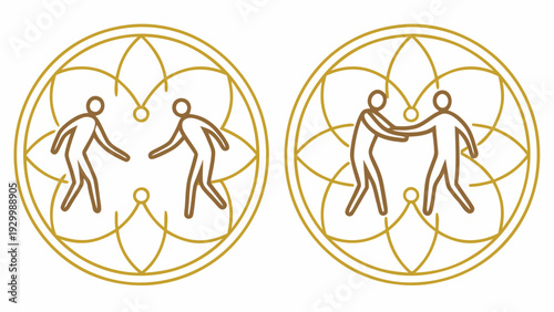 Two pairs of stylized figures in circular frames: one pair walking apart, the other shaking hands, representing relationships and connection.