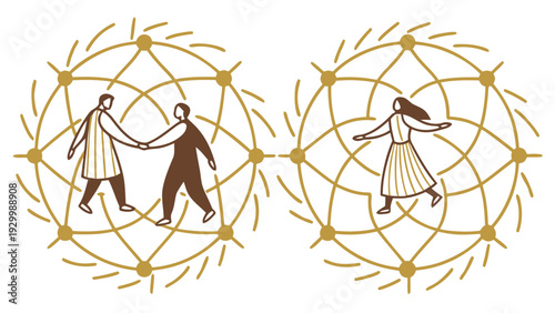Two circular interconnected network designs with stylized human figures, symbolizing global connection and teamwork.