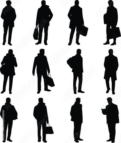 Businessmen silhouettes vector set, professional men standing with briefcases and documents isolated on white background, corporate lifestyle illustration