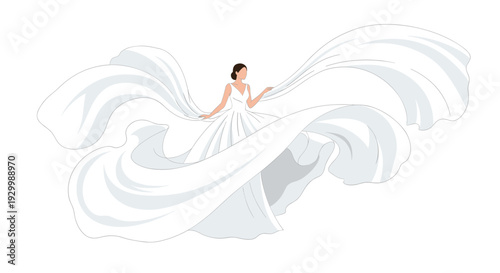 A minimalist illustration of a woman wearing a white wedding dress with an exceptionally long and flowing train that spreads out in wide curves on a white background.
