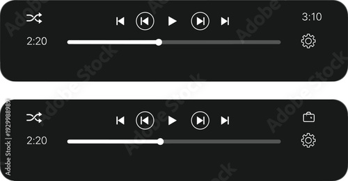 Dual media player interface designs with playback controls, progress bar, and icons for settings, clock, and schedule in modern UI layout.