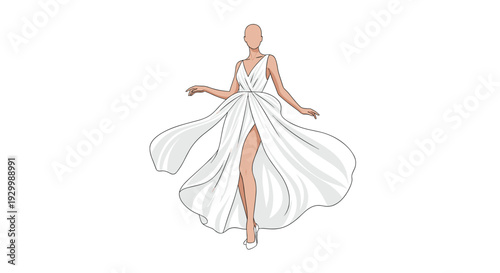 A fashion illustration of a woman wearing a sleeveless white dress with a high leg slit and a deep neckline while posing against a plain white background.