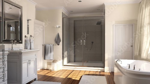 Luxurious Modern Bathroom Interior with White Fixtures.