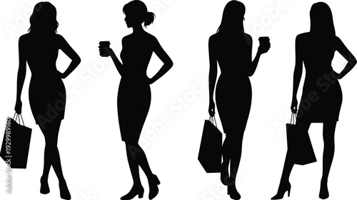 Fashion women silhouettes vector illustration, stylish female shoppers with coffee cups and shopping bags isolated on white background, retail lifestyle concept