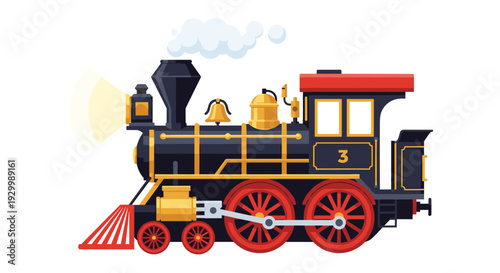 A black vintage steam locomotive with gold accents and red wheels emits a puff of white smoke while its front headlight glows brightly.