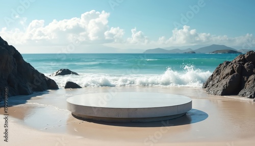 Minimalist concrete podium on sandy beach next to ocean waves and rocks. Clear blue sky with clouds above the sea. This platform is ready for product display or presentation.