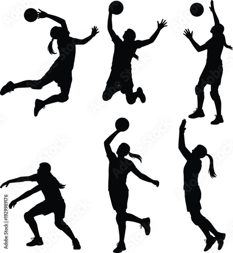 Female volleyball players silhouettes set, athletic women spike serve block receive poses, dynamic sports action vector illustration isolated on white background