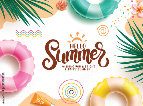 Summer greeting text abstract clipart. Hello Summer typography in white simple clip art background with colorful floaters, sunblock, palm leaves and tropical elements for seasonal template design 