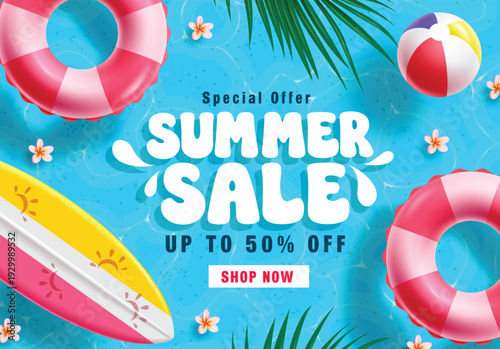 Summer Sale clipart banner design. Summer Sale discount with special promo 50% off banner design clip art in swimming pool background for tropical season poster sale design vector illustration.
