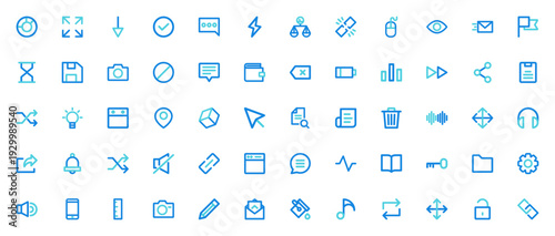 Interface_3922 icon set. Minimal vector UI icons pack. Includes symbols for pie chart, download, chat, email, settings, smartphone, calendar, folder, and more. Editable stroke.