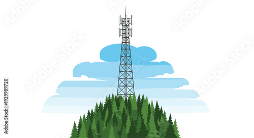 A grey metal communication mast stands at the peak of a triangular pine tree forest with a large blue cloud backdrop.