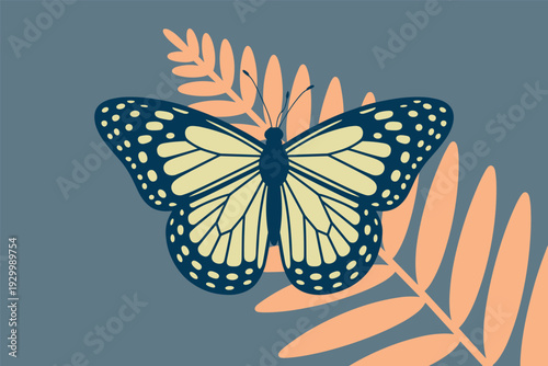 Vibrant butterfly perched on delicate leaves with stunning wing patterns