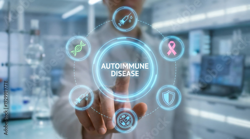 Medical professional hand interacting with virtual display showing autoimmune disease concept