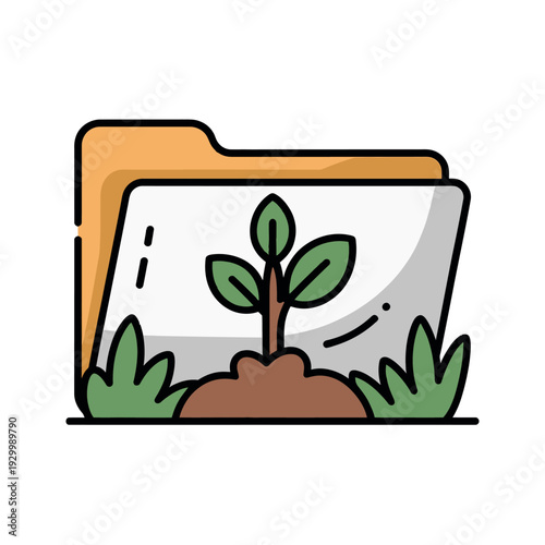 Simple folder icon displays a growing seedling symbolizing data management and environmental.