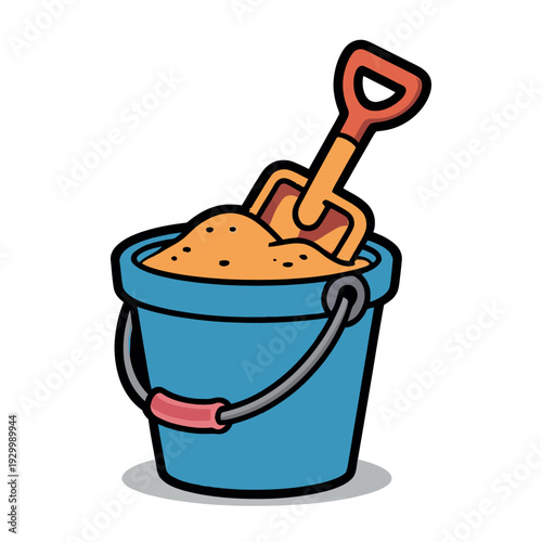 Small blue bucket filled with orange sand and featuring a plastic shovel accessory.
