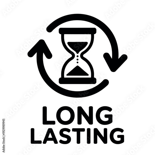 Black and white hourglass icon symbolizes measurement of time and long lasting duration.