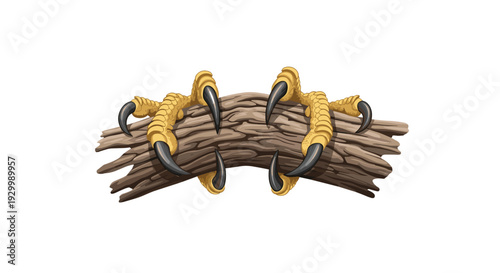 Two yellow bird feet with curved black talons are seen from above as they tightly clutch a dark brown gnarled wooden branch.