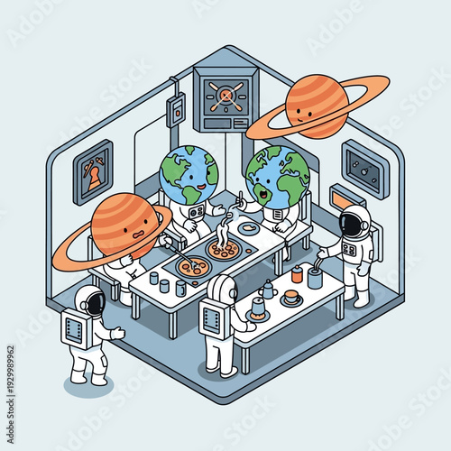 Astronauts in a space station laboratory conducting planetary research and experiments.