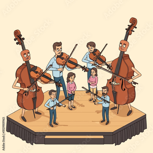 Family playing string instruments together on stage.