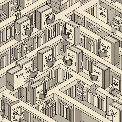 Cartoon characters navigating a complex library maze with bookshelves and surprised expressions.