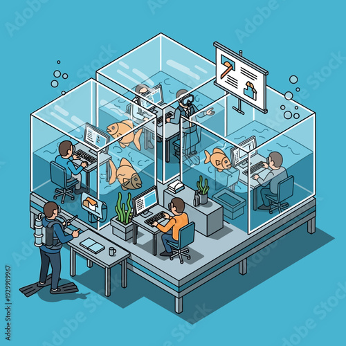 Isometric illustration of scientists working in laboratory with fish tanks.