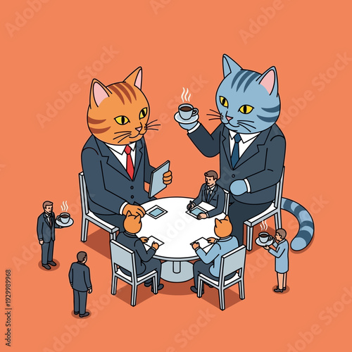 Anthropomorphic cats in business attire having a meeting.